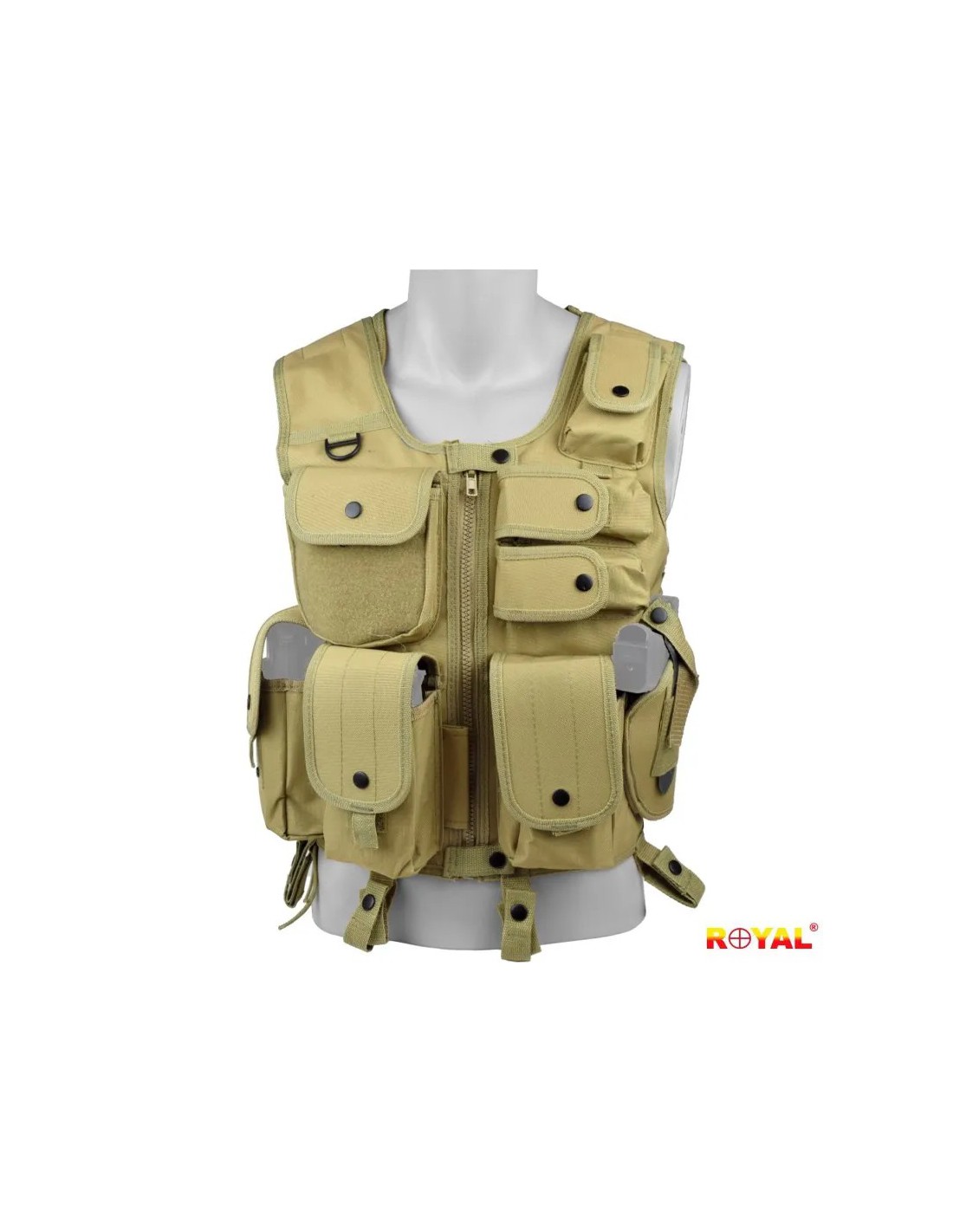 Chaleco táctico ajustable con 3 portacargadores delanteros funda para diestros y bolsillo utilitario Tan