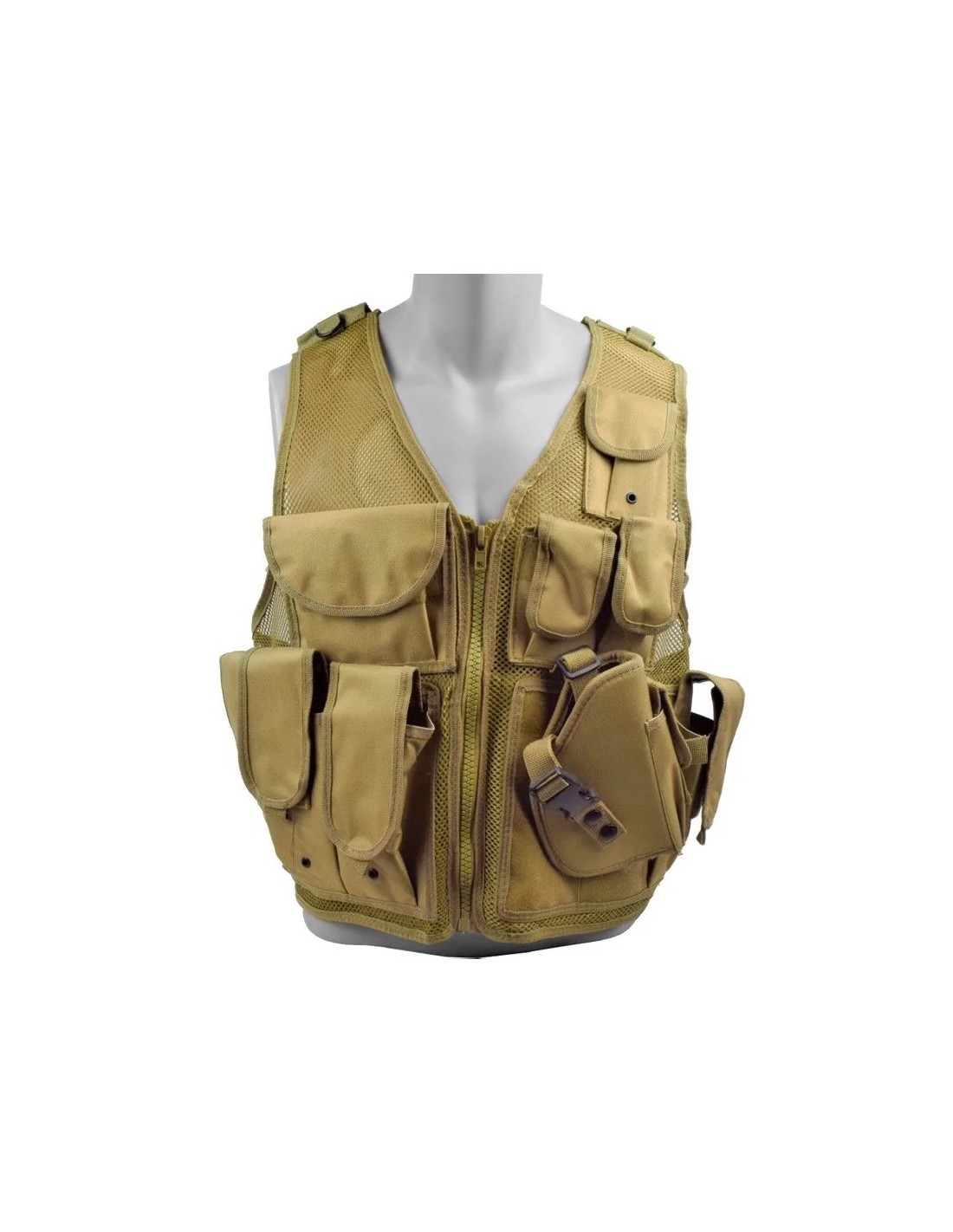 Chaleco táctico ajustable con 3 portacargadores delanteros funda para diestros y bolsillo utilitario Tan