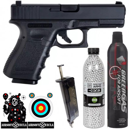 KIT Glock 23 BLACK KJW + GAS + BOLAS + GAFAS + TICOTICO