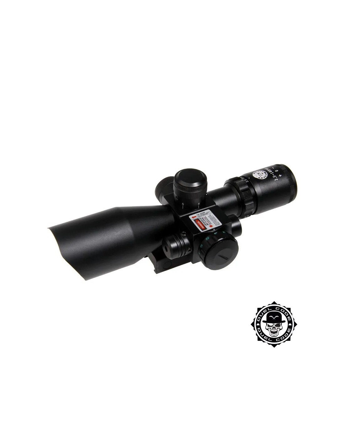 MIRA TELESCÓPICA 2.5 a 10 aumentos 40 mm RETÍCULA MIL DOT ILUMINADA BICOLOR 5 POSICIONES LÁSER LATERAL 5 mW AJUSTE 1/2 MOA PARALELAJE LONGITUDINAL MONTURA Y PILAS INCLUIDAS ALUMINIO