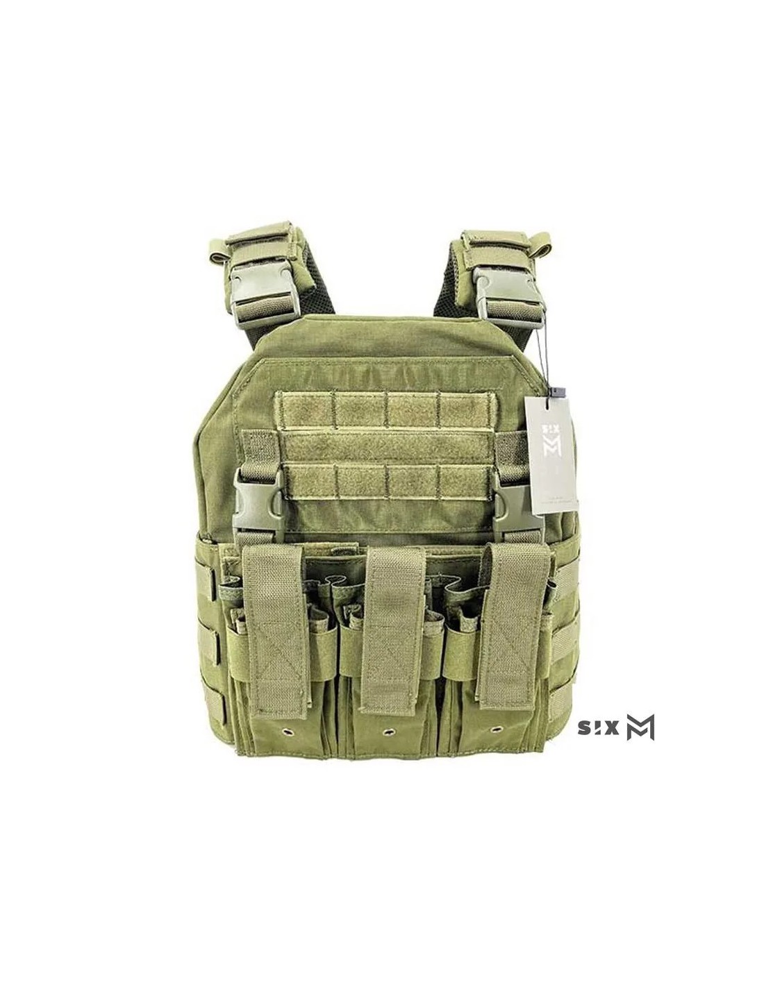 Chaleco ajustable con triple portacargadores para fusil o pistola y bolsillo interior Oliva