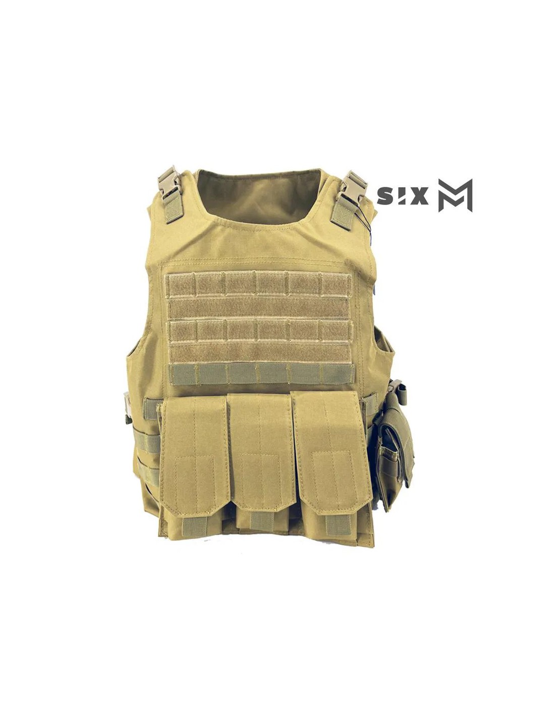 Chaleco táctico con porta cargador triple para M4, porta cargador doble para pistola, bolsillo trasero y panel de velcro Tan