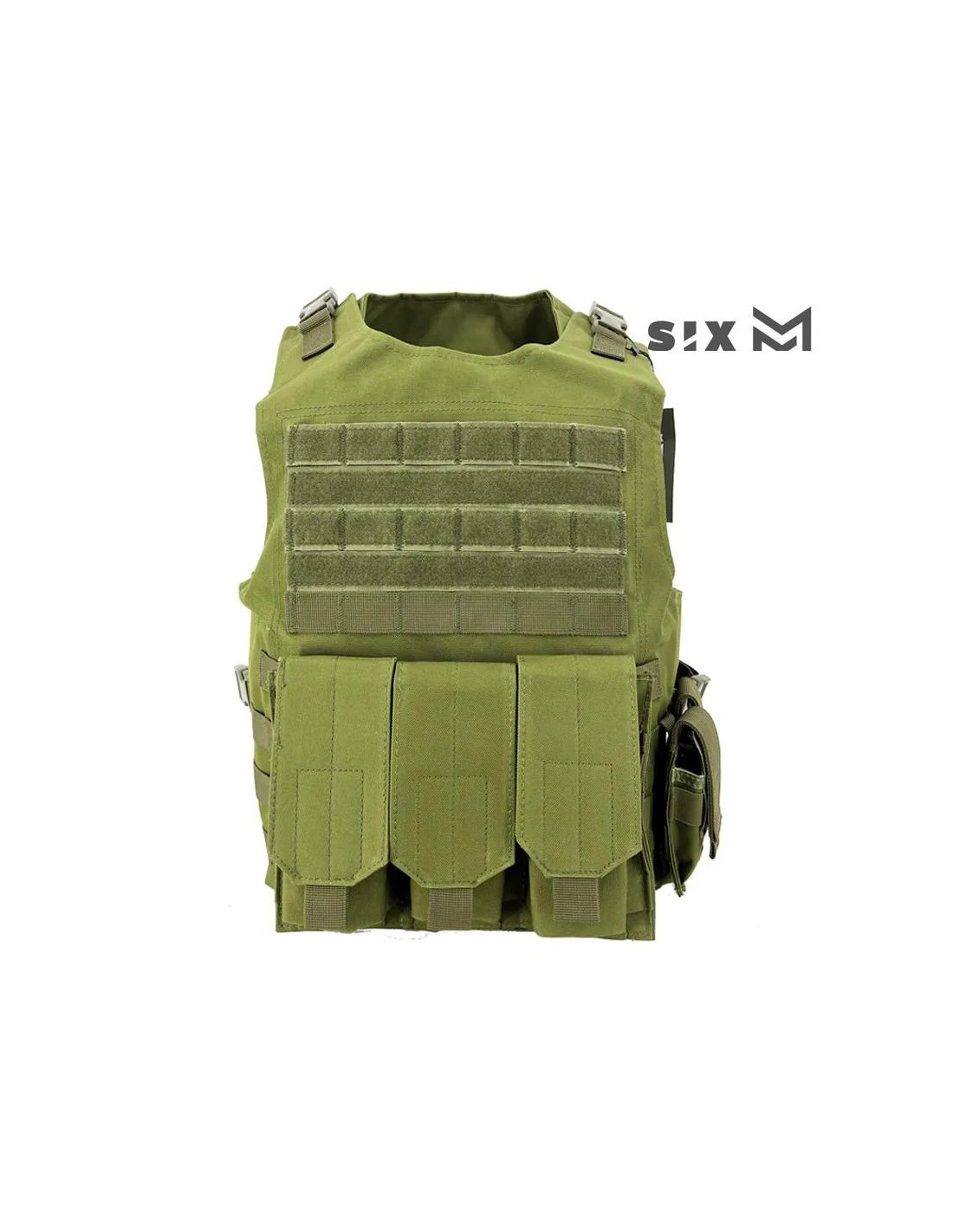 Chaleco táctico porta cargadores triple para M4 y doble para pistola con gran bolsillo trasero y panel de velcro Oliva