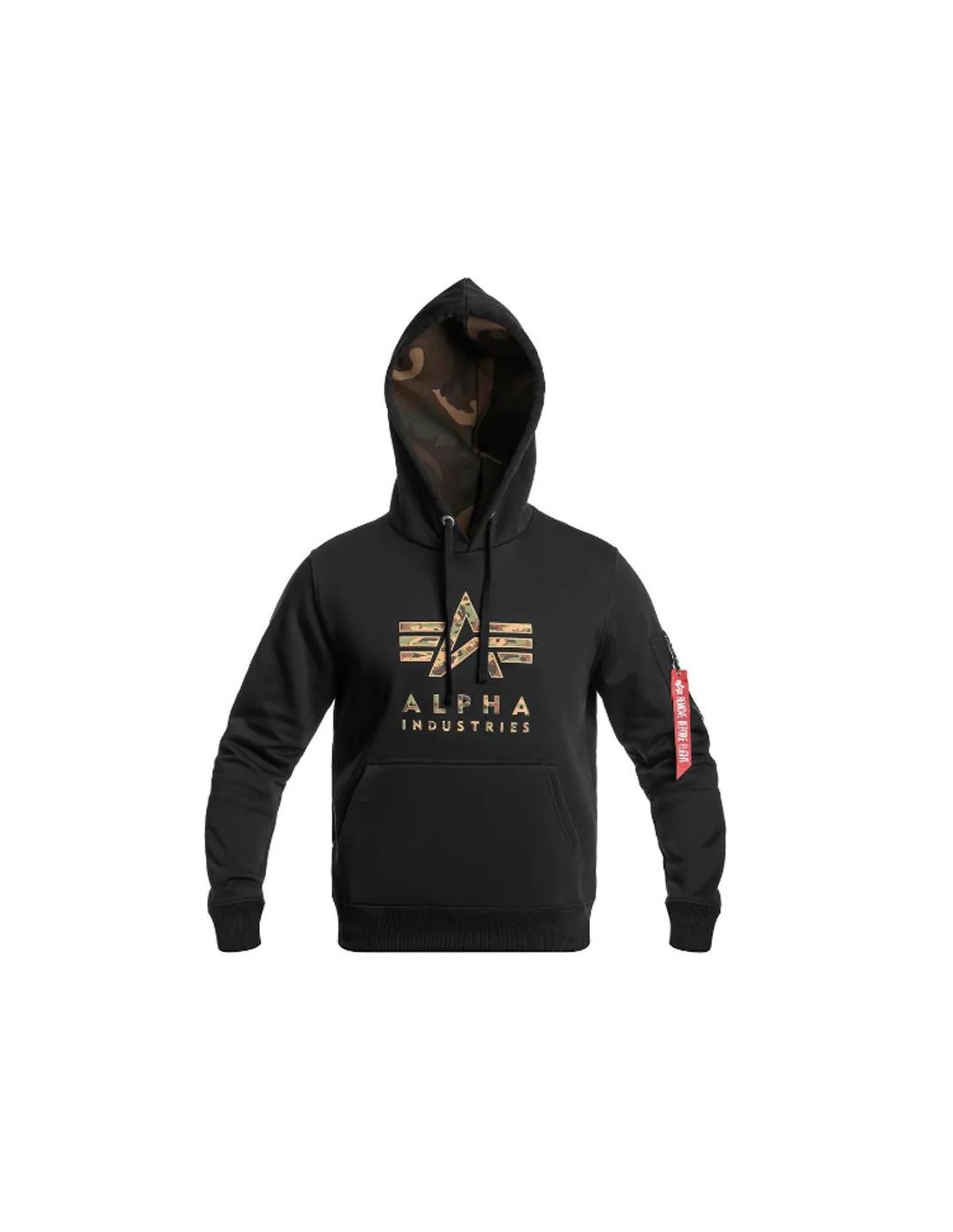 Sudadera con capucha camuflaje gran bolsillo delantero y bolsillo con cremallera en manga presillas para bolígrafos corte deportivo colgante decorativo