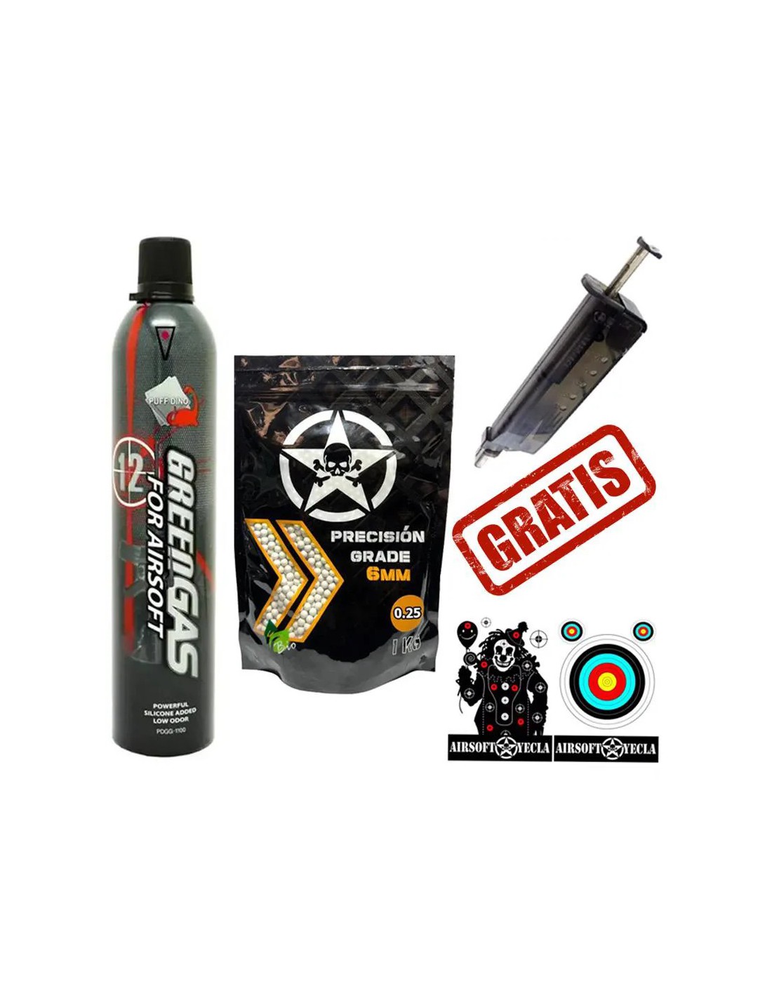 Pack BOLAS 6MM 0.25G 1KG + GAS PROPULSOR 600ML 12KG CON SILICONA