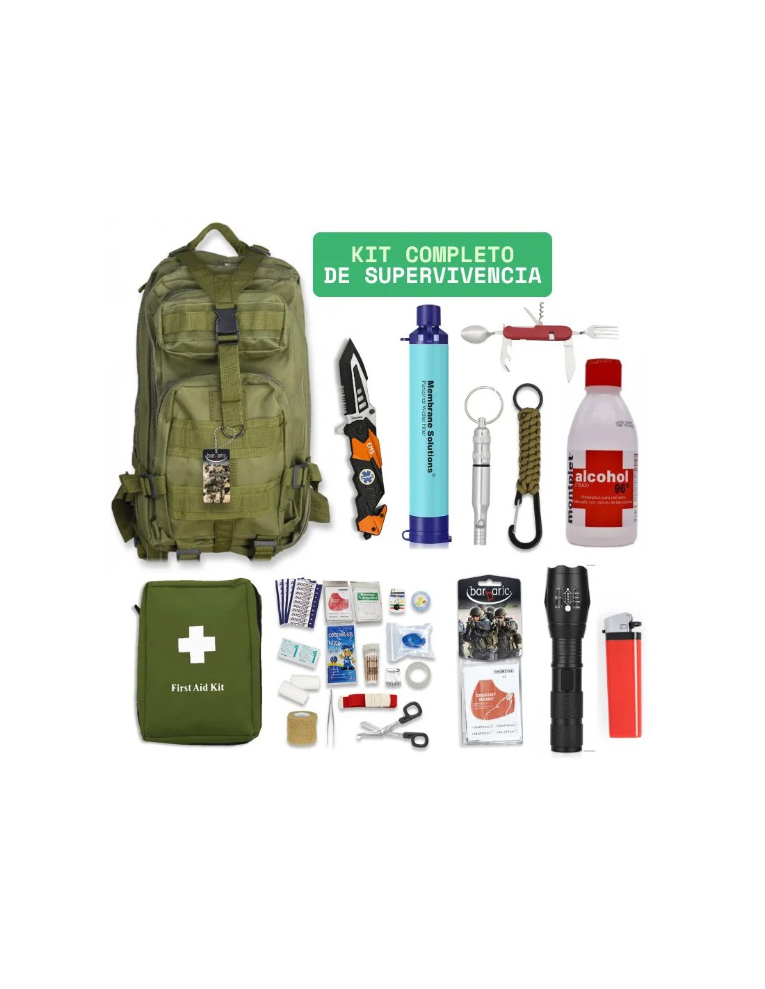 Mochila táctica de 30 litros con kit de supervivencia completo Coyote