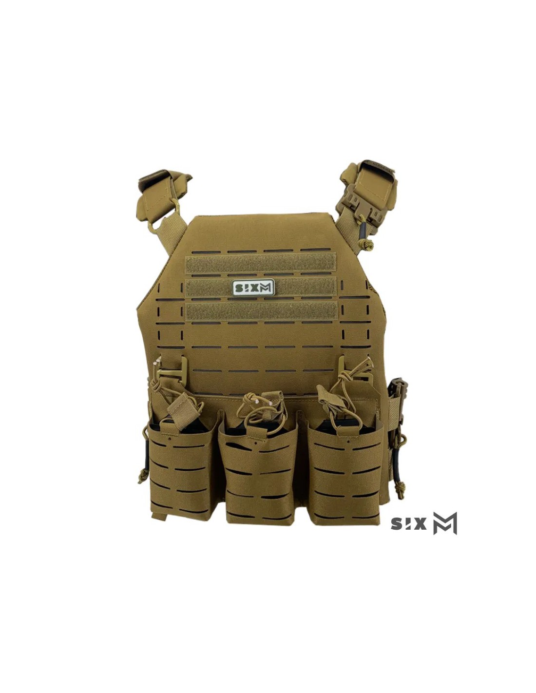 Chaleco táctico modular MOLLE corte láser triple porta cargadores M4 arena