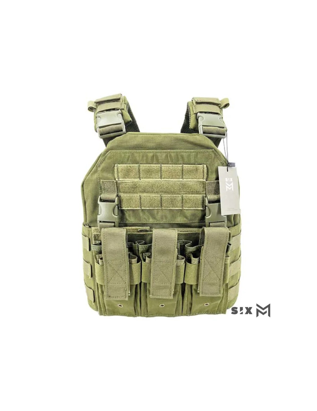 Chaleco ajustable con triple portacargadores para fusil o pistola y bolsillo interior Oliva