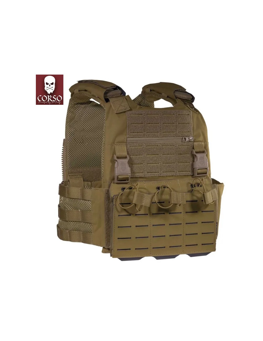 Chaleco portaplacas modular ergonómico con panel frontal porta cargadores compatibles con M4 y AR15 y panel trasero con Molle Coyote