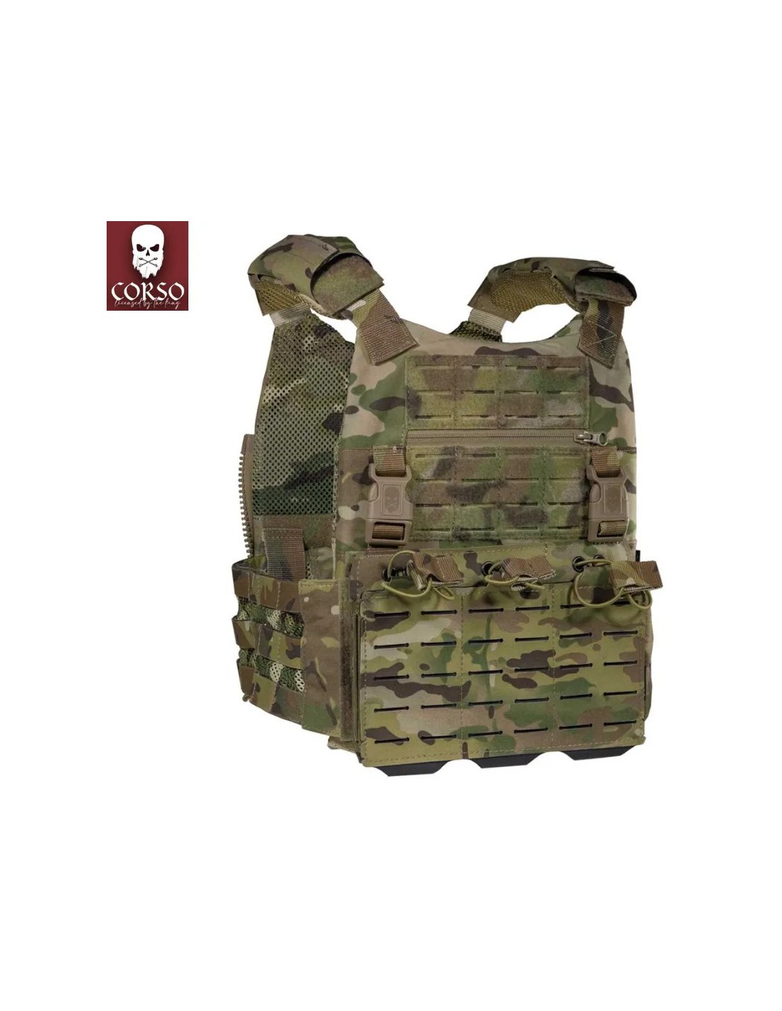 Chaleco porta placas modular con panel frontal porta cargadores y cummerbunds Molle Multicam