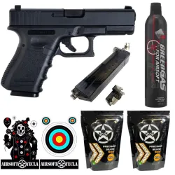 Kit Glock 23 BLACK Saigo | Pistola + Gas + BBs + Tico Tico + Dianas