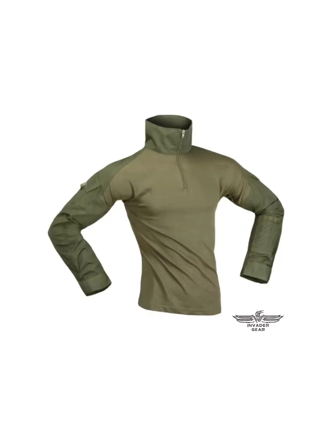 Camisa de combate táctica transpirable con cuello alto coderas reforzadas bolsillos en los hombros y velcro para parches