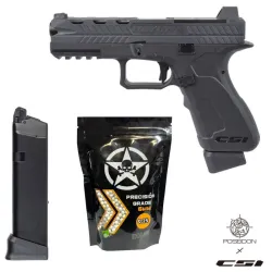 Pack completo Pistola Airsoft Poseidon x CSI XO-P2 Gas Blowback Negra