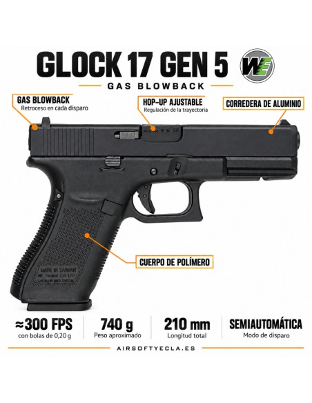 Glock 17 Gen 5 WE | Pistola de Airsoft Gas Blowback - Airsoft Yecla