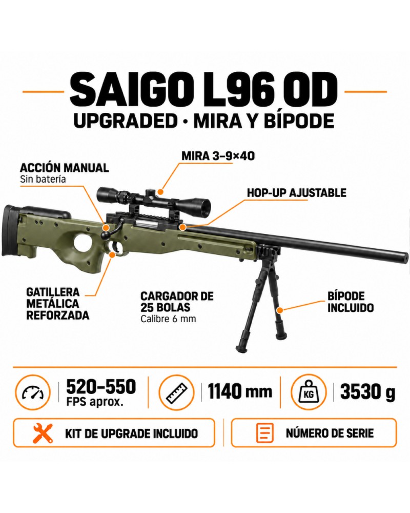 KIT FRANCOTIRADOR L96 OD - SAIGO - AirSoftYecla.es