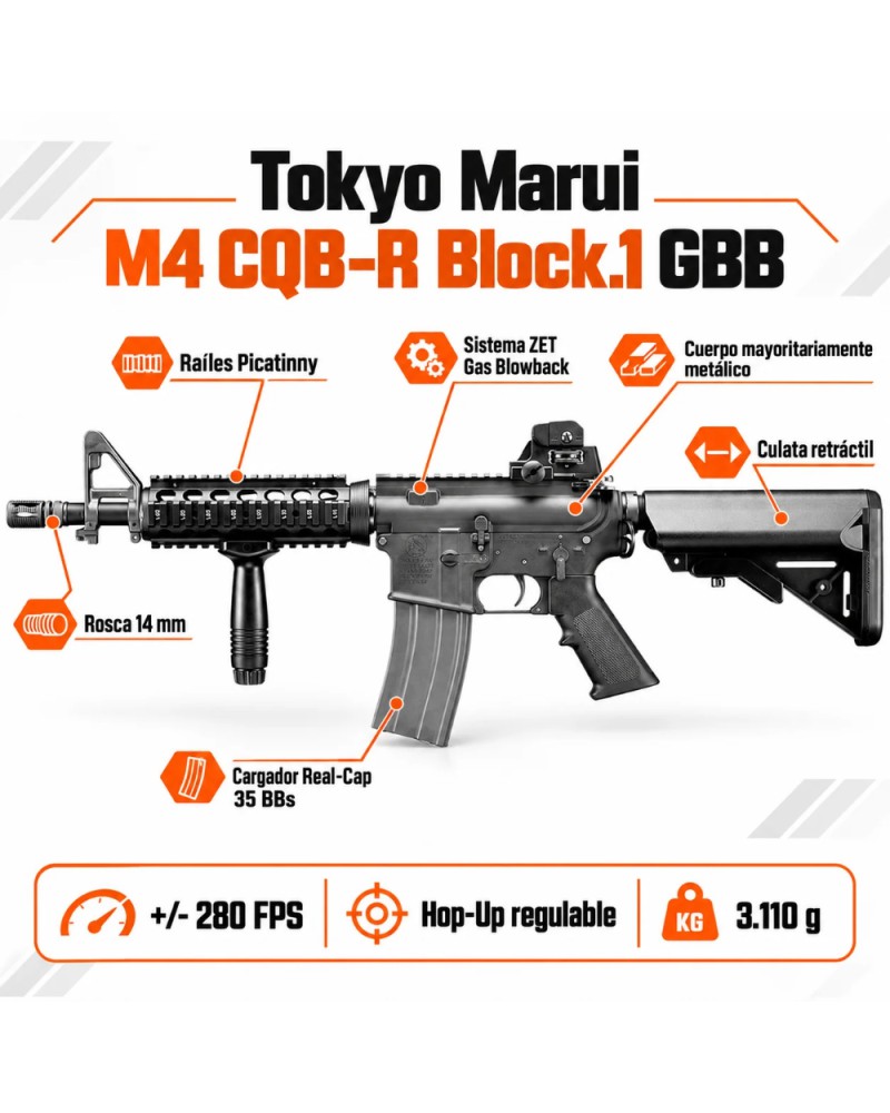 Tokyo Marui M4 CQB-R Block.1 GBB | Fusil Airsoft Realista