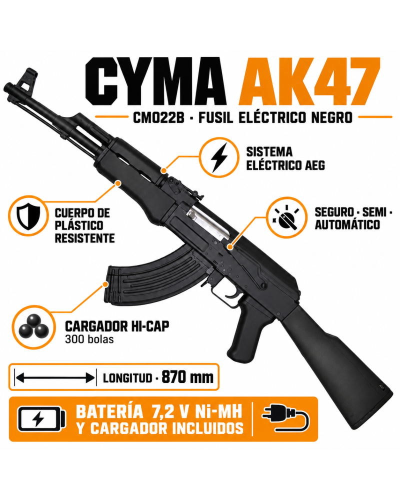 AK 47 ELÉCTRICA COLOR NEGRO - CYMA - AirSoftYecla.es