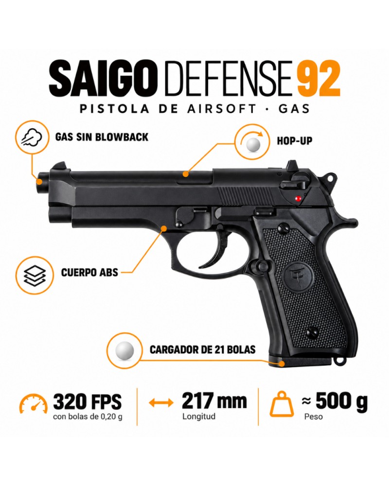 Saigo Defense 92 Gas | Réplica Beretta 92 Airsoft - Airsoft Yecla
