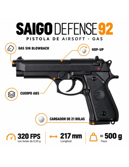 Saigo Defense 92 Gas | Réplica Beretta 92 Airsoft - Airsoft Yecla