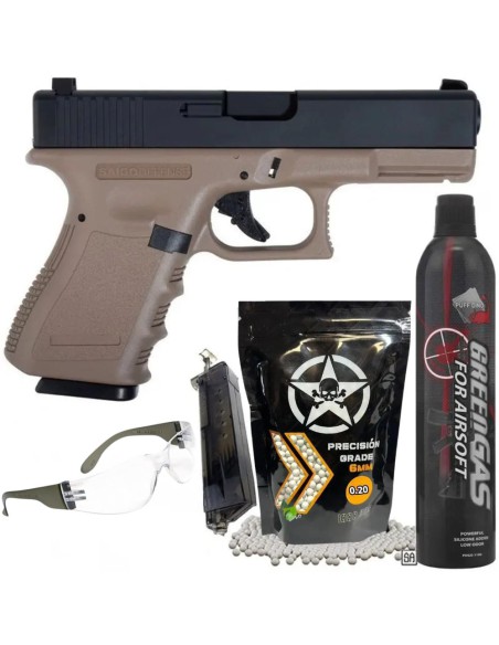 KIT Glock 23 TAN KJW + GAS + BOLAS + GAFAS + TICOTICO -AirSoftYecla.es