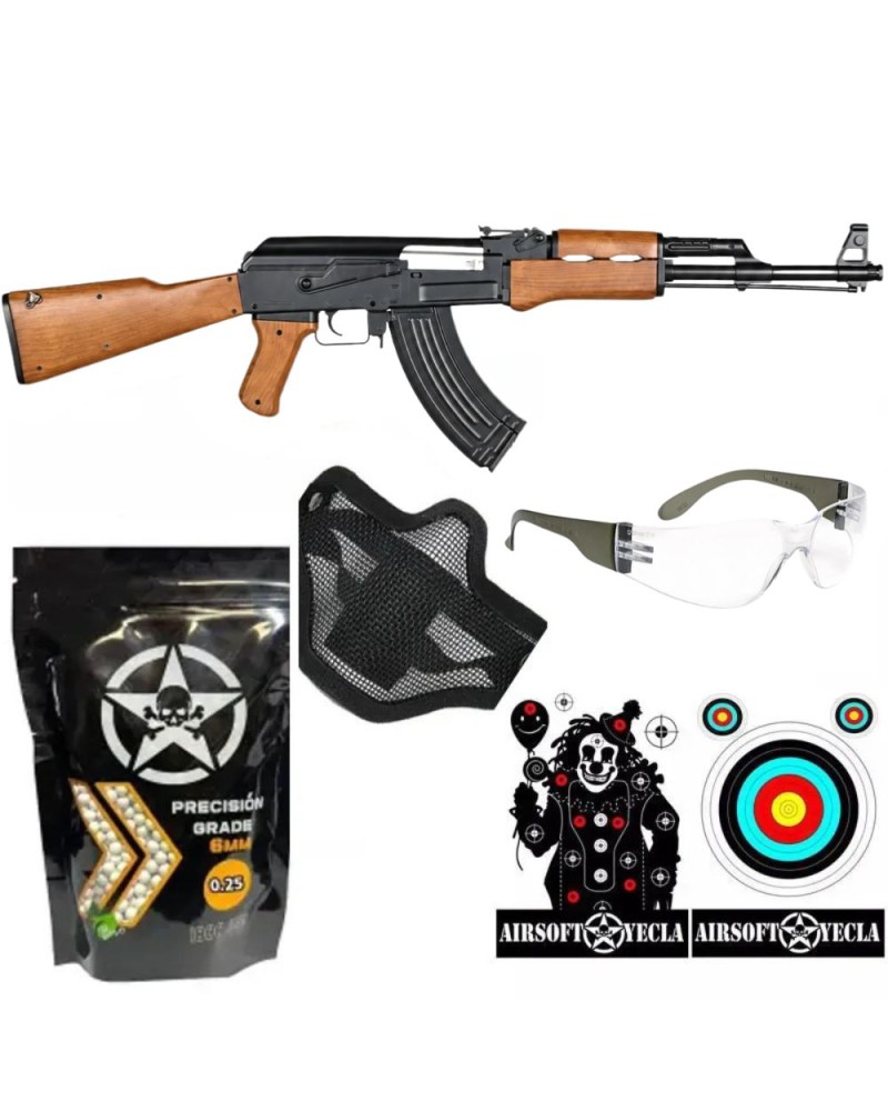SUPER PACK AK 47 ELÉCTRICA COLOR MADERA - CYMA - AirSoftYecla.es