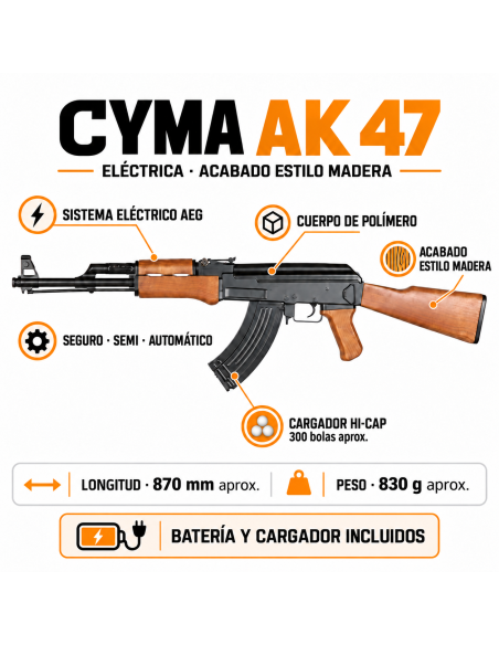 SUPER PACK AK 47 ELÉCTRICA COLOR MADERA - CYMA - AirSoftYecla.es