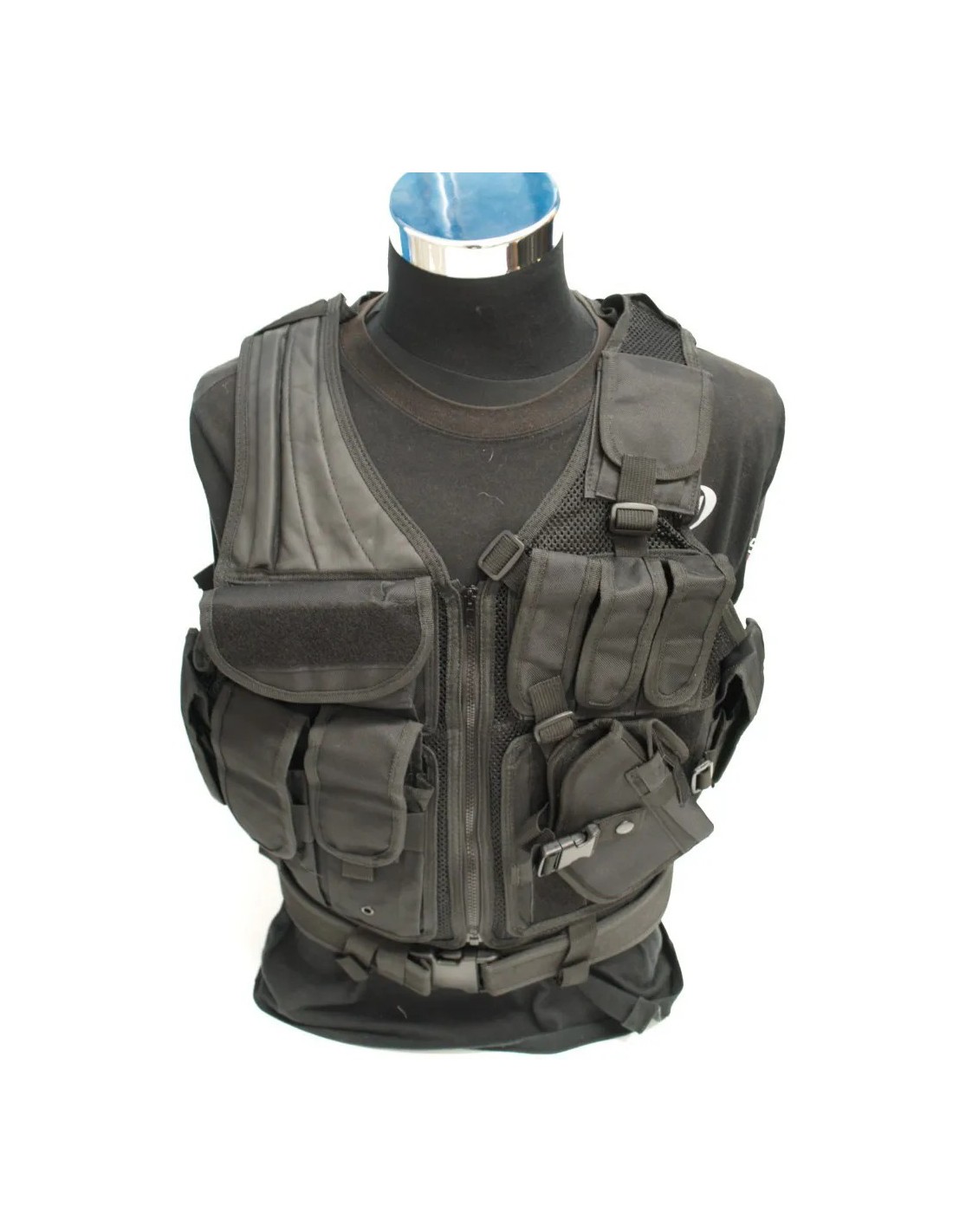 Chaleco táctico CQB con cremallera, porta radio, 4 porta cargadores para rifle, 3 porta cargadores para pistola, porta accesorios y pistolera