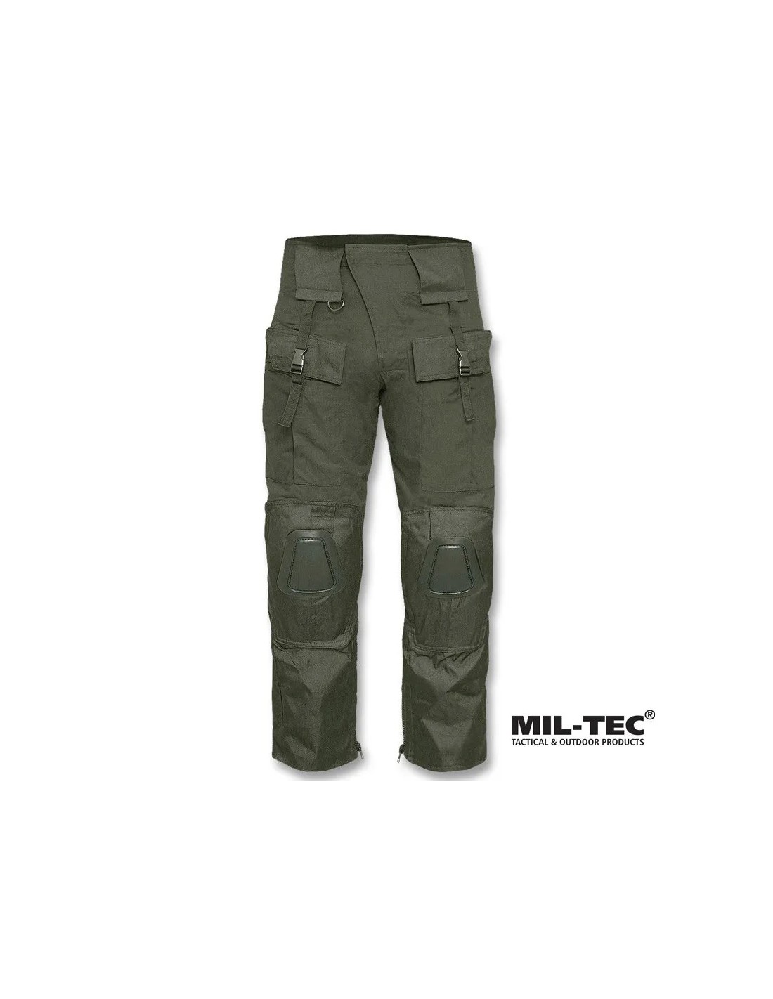 Pantalón de combate con rodilleras integradas tejido ripstop reforzado bolsillos muslo y traseros cremalleras en bajos Oliva