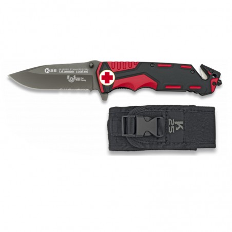 Couteau d'urgence rouge/noir K25 assisté H:9.4 cm